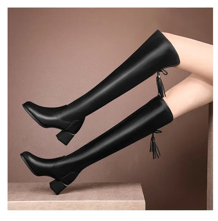 Women Leather Elastic Over The Knee Boots 2024 New Winter Warm Plush Long Boot Autumn Slip-On Pointed Thick Heels Knight Botas